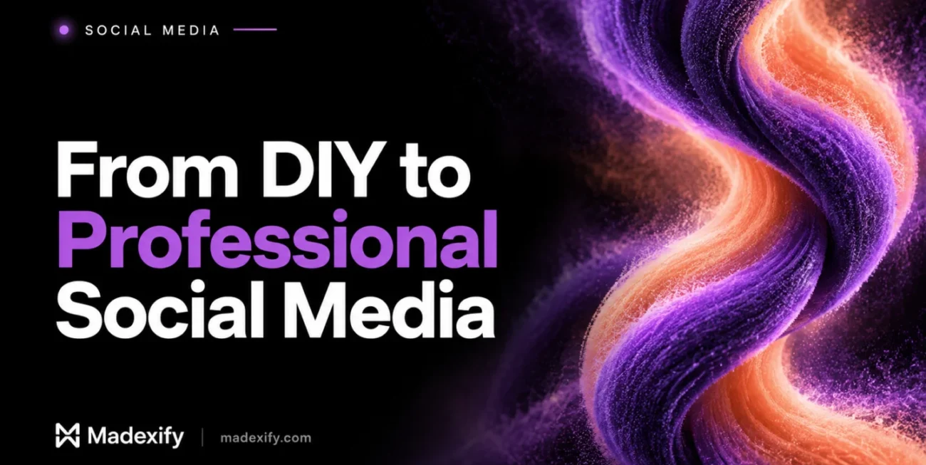 From DIY to professional social media, with interwoven purple and peach ribbons.