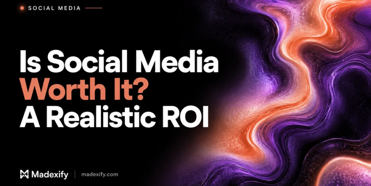 Is social media worth it? A realistic ROI guide with coral and violet contours.