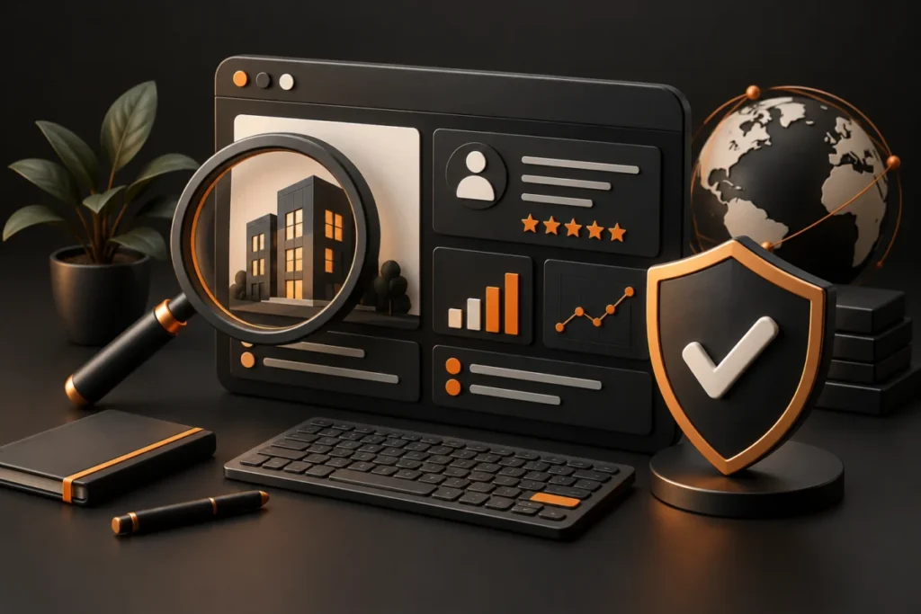 Website information reviewed with a magnifying glass, keyboard and protective shield