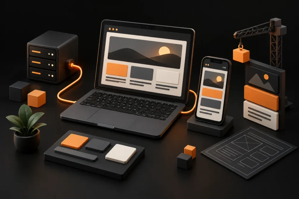 Laptop and phone showing responsive layouts beside modular website blocks